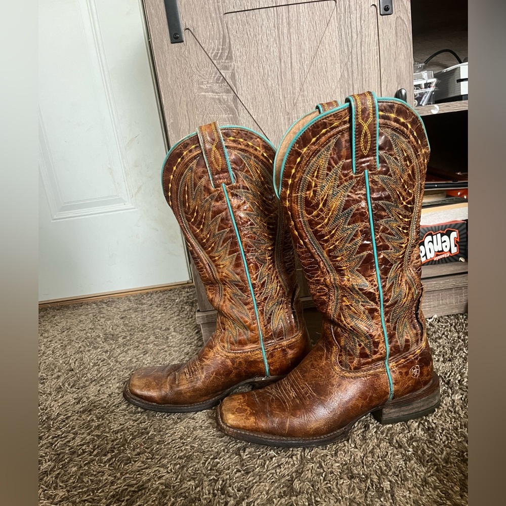Brown Leather Cowboy Boots with Turquoise Accents